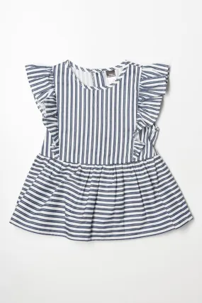 Stripe Peplum Frill Top Navy