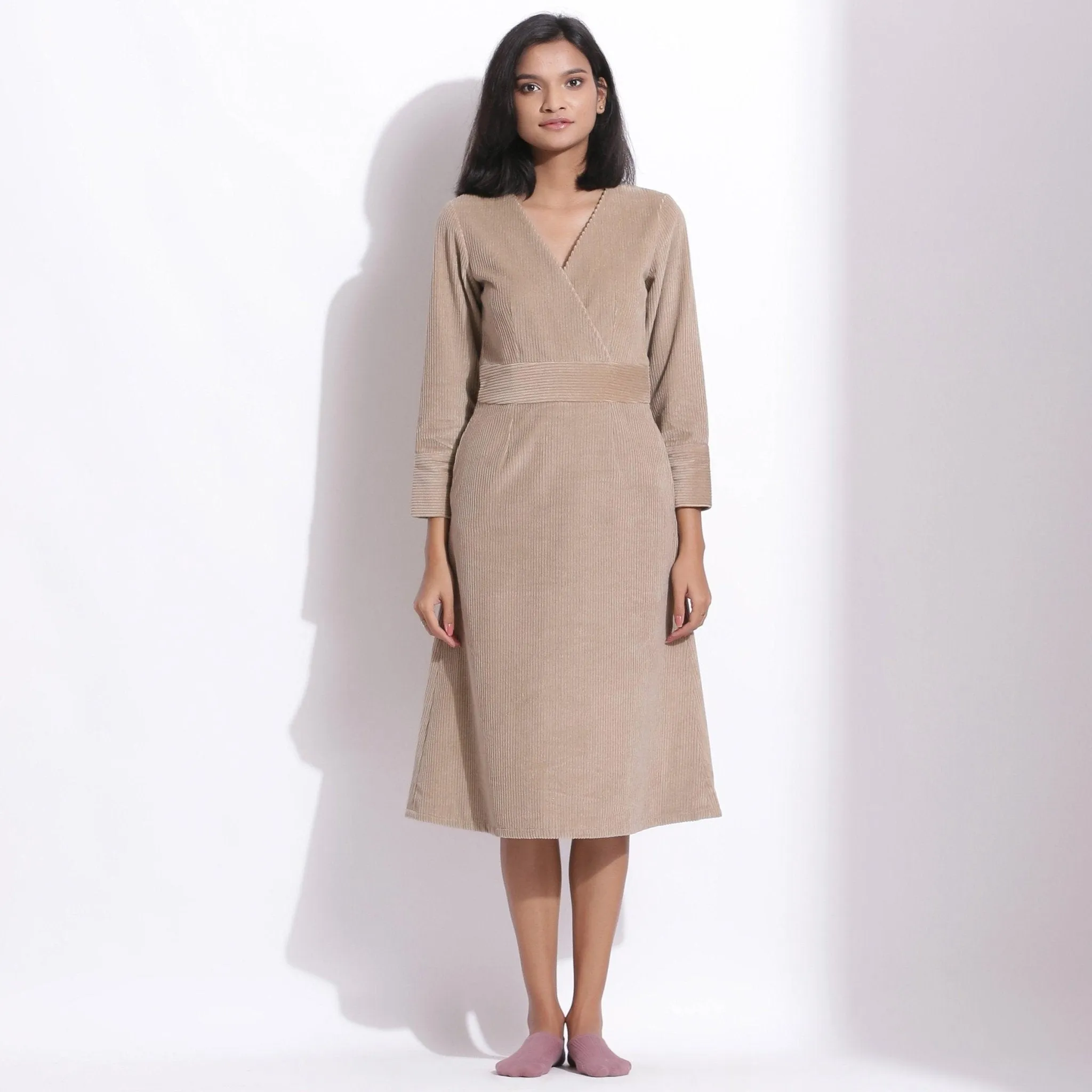 Taupe Beige Warm Cotton Corduroy Knee Length Dress