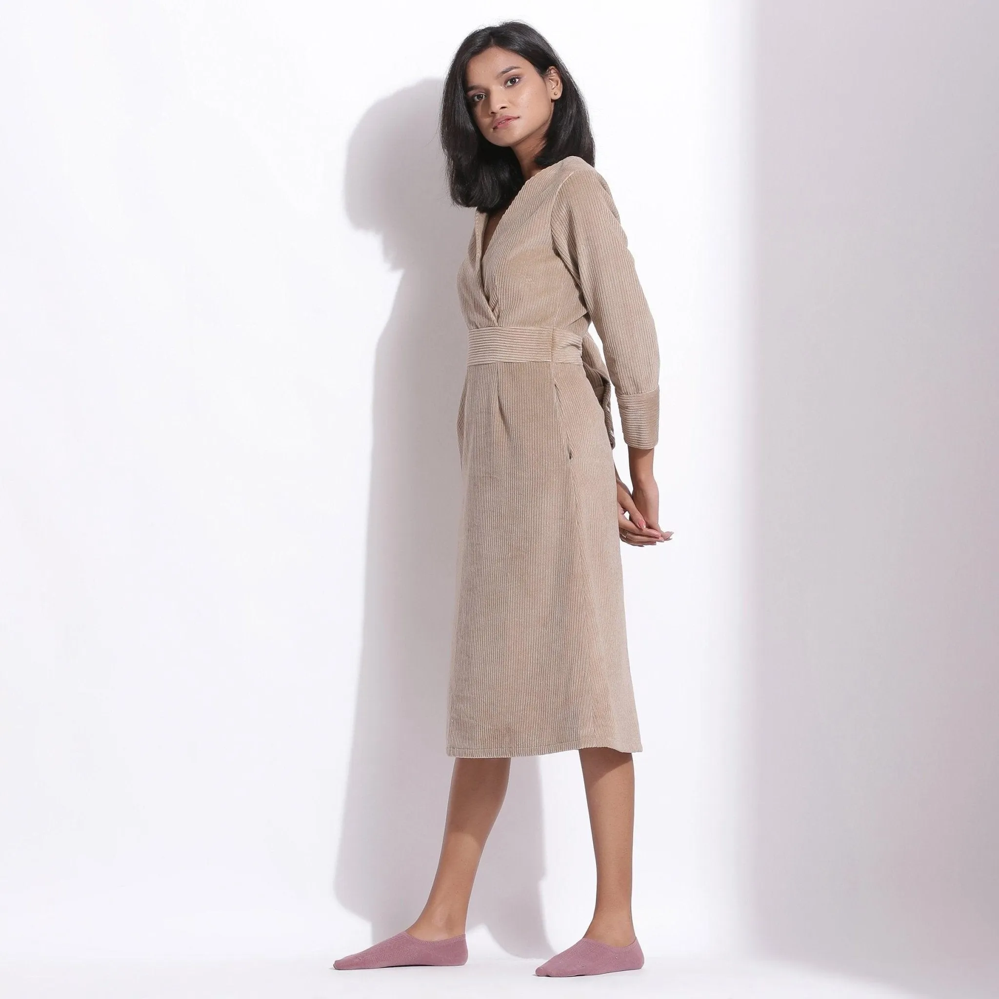 Taupe Beige Warm Cotton Corduroy Knee Length Dress