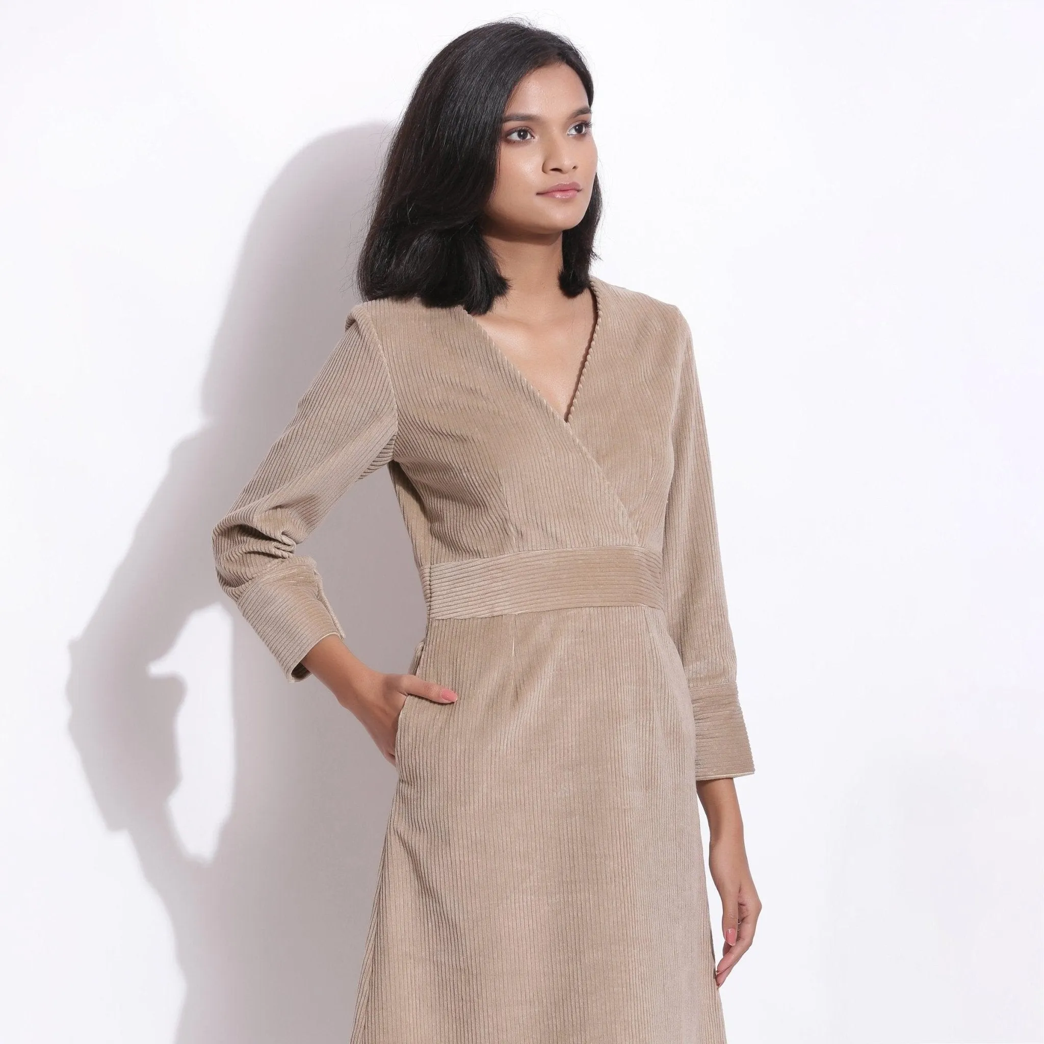 Taupe Beige Warm Cotton Corduroy Knee Length Dress