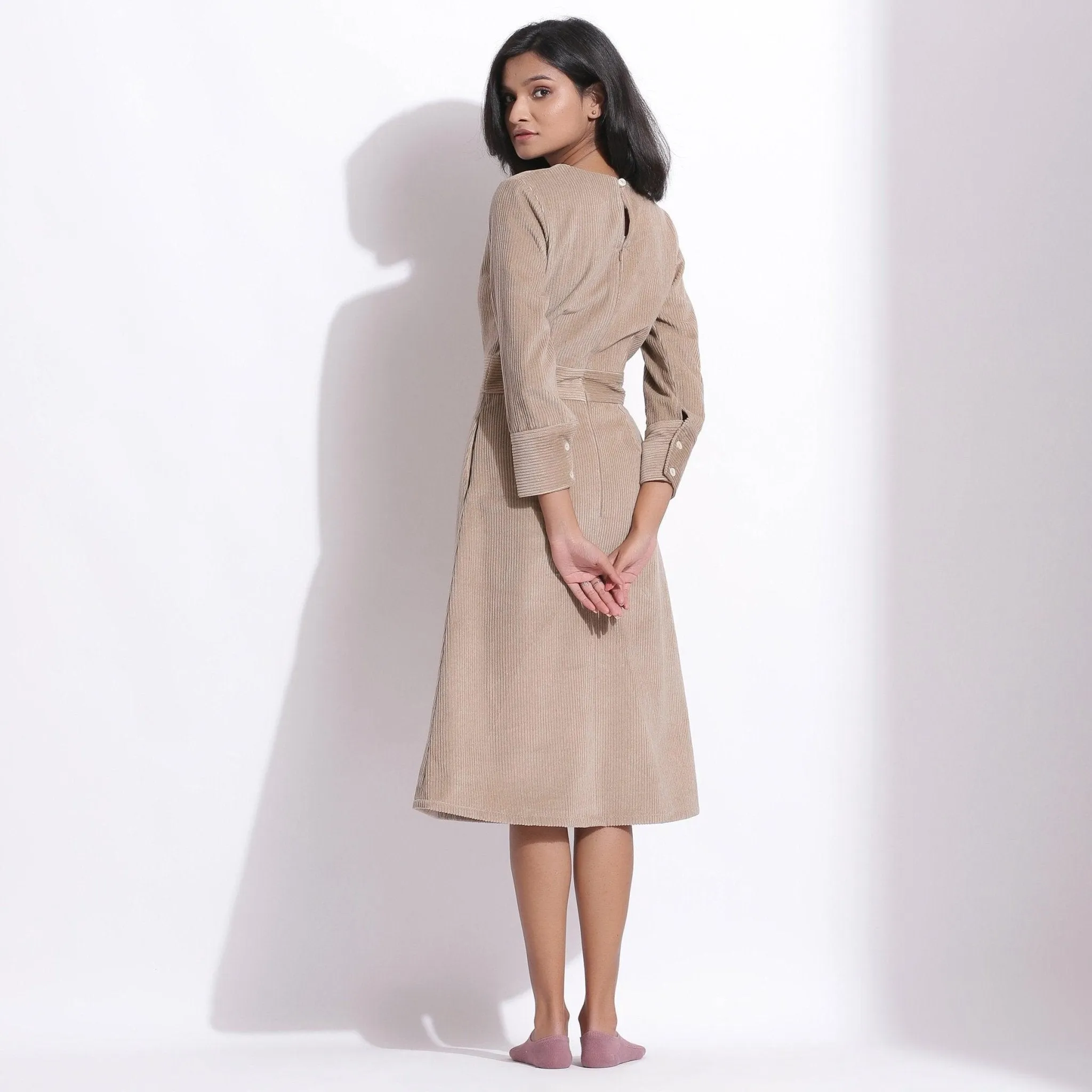 Taupe Beige Warm Cotton Corduroy Knee Length Dress