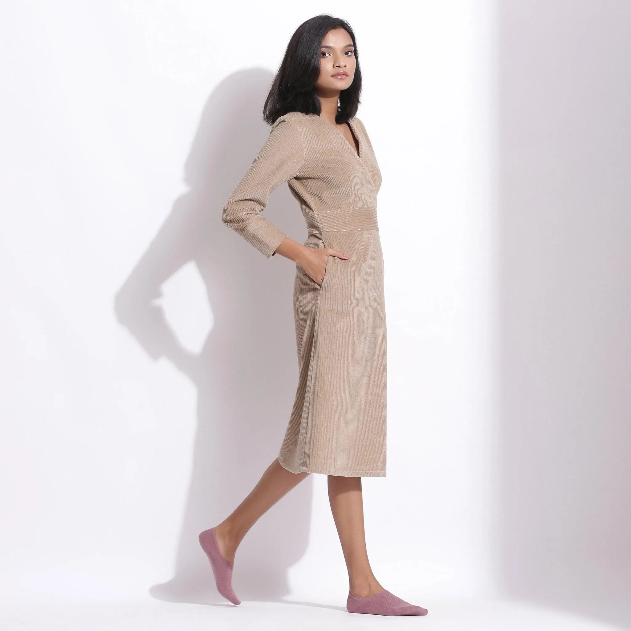 Taupe Beige Warm Cotton Corduroy Knee Length Dress