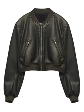 Trendy Cropped Faux Leather Jacket With Pockets