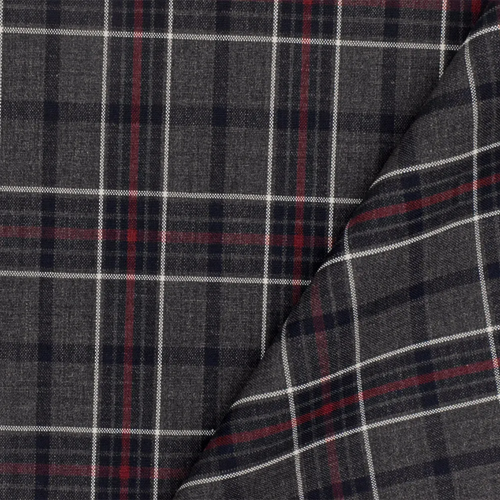 Warm Gray-Red-Multi Plaid Wool-Poly Woven Suiting Fabric