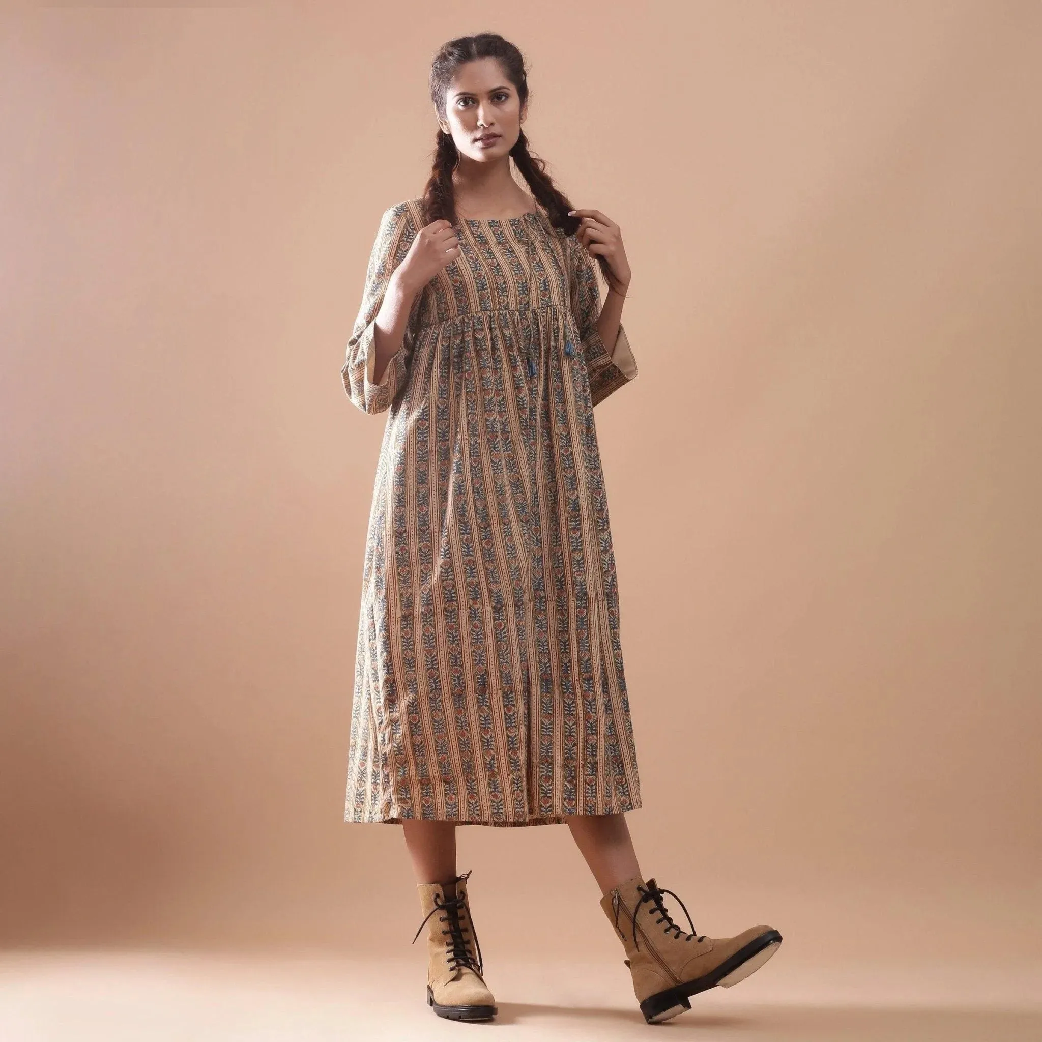 Warm Kalamkari Block Printed Cotton Midi Dress