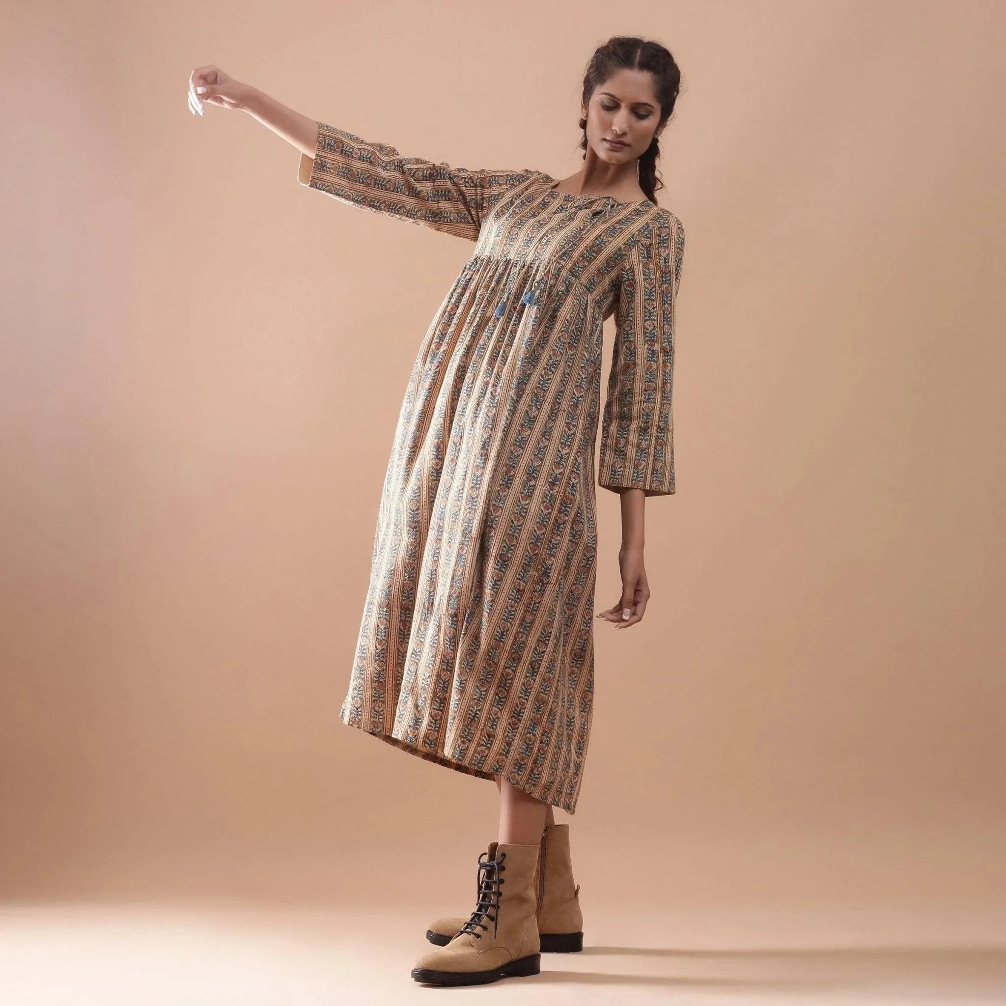 Warm Kalamkari Block Printed Cotton Midi Dress