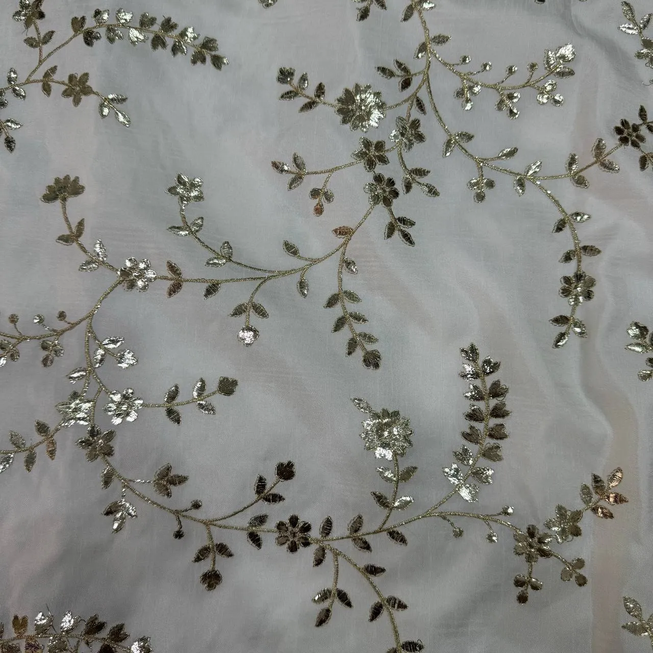 White & Silver Floral Dyeable Zari Foil Embroidered Viscose Dola Silk Fabric (Wholesale)