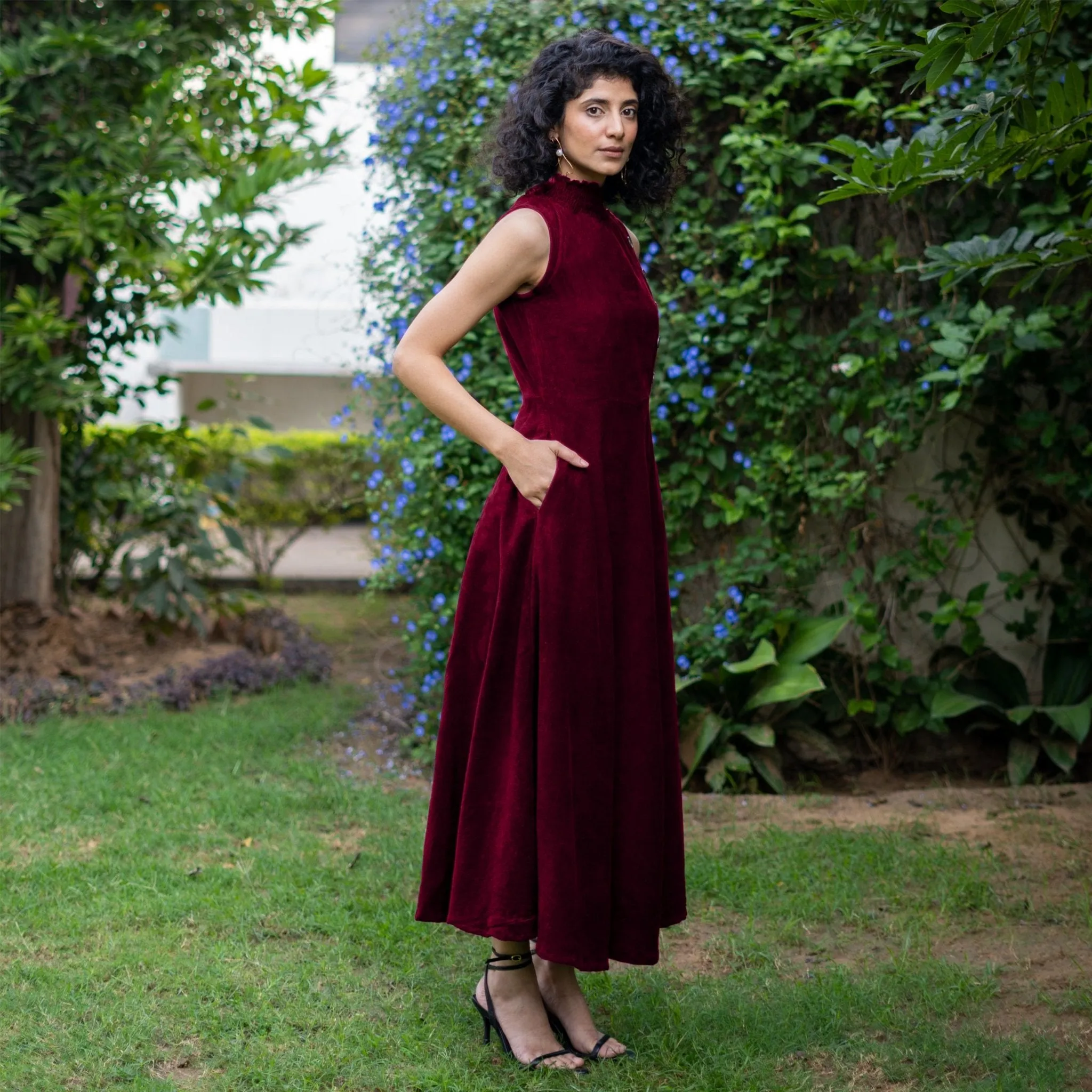 Wine Warm Cotton Corduroy High-Neck Sleeveless Slit Dress